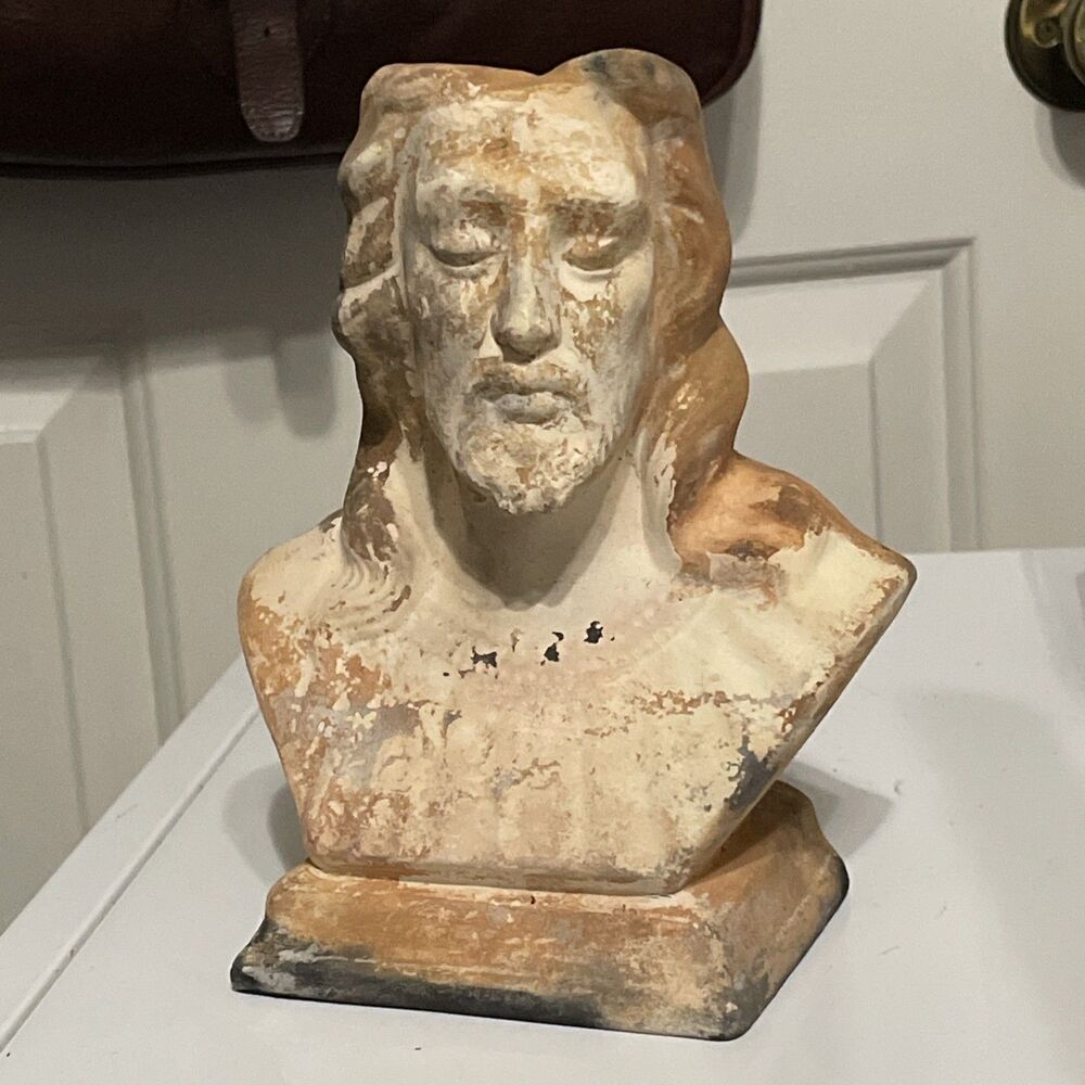 Vintage Distressed Ceramic Bust Jesus Christ Signed Aged Shelf Decoration